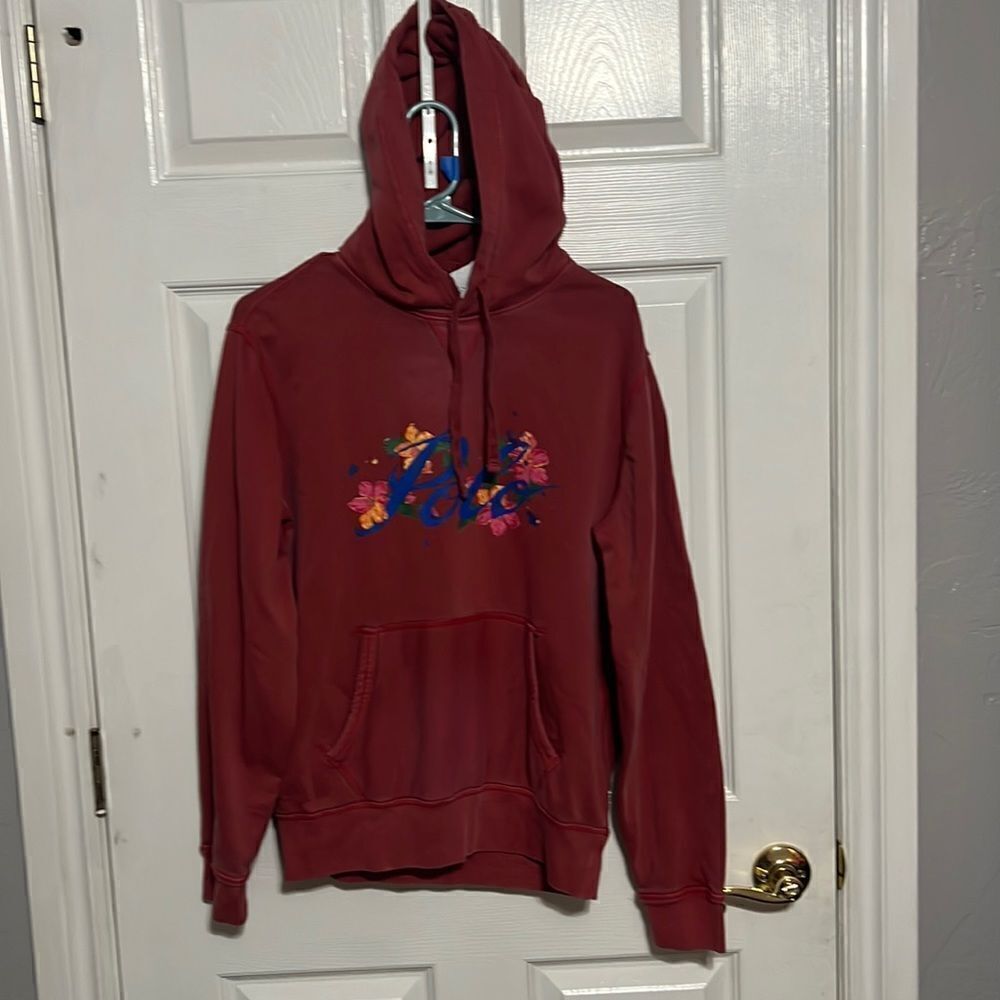 🔥 NWT POLO Ralph Lauren RED PAINTED FLORAL SCRIPT LOGO Hoodie Sweatshirt Sz Sm‎